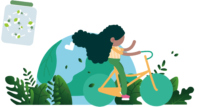 Illustration of a girl cycling around a green planet