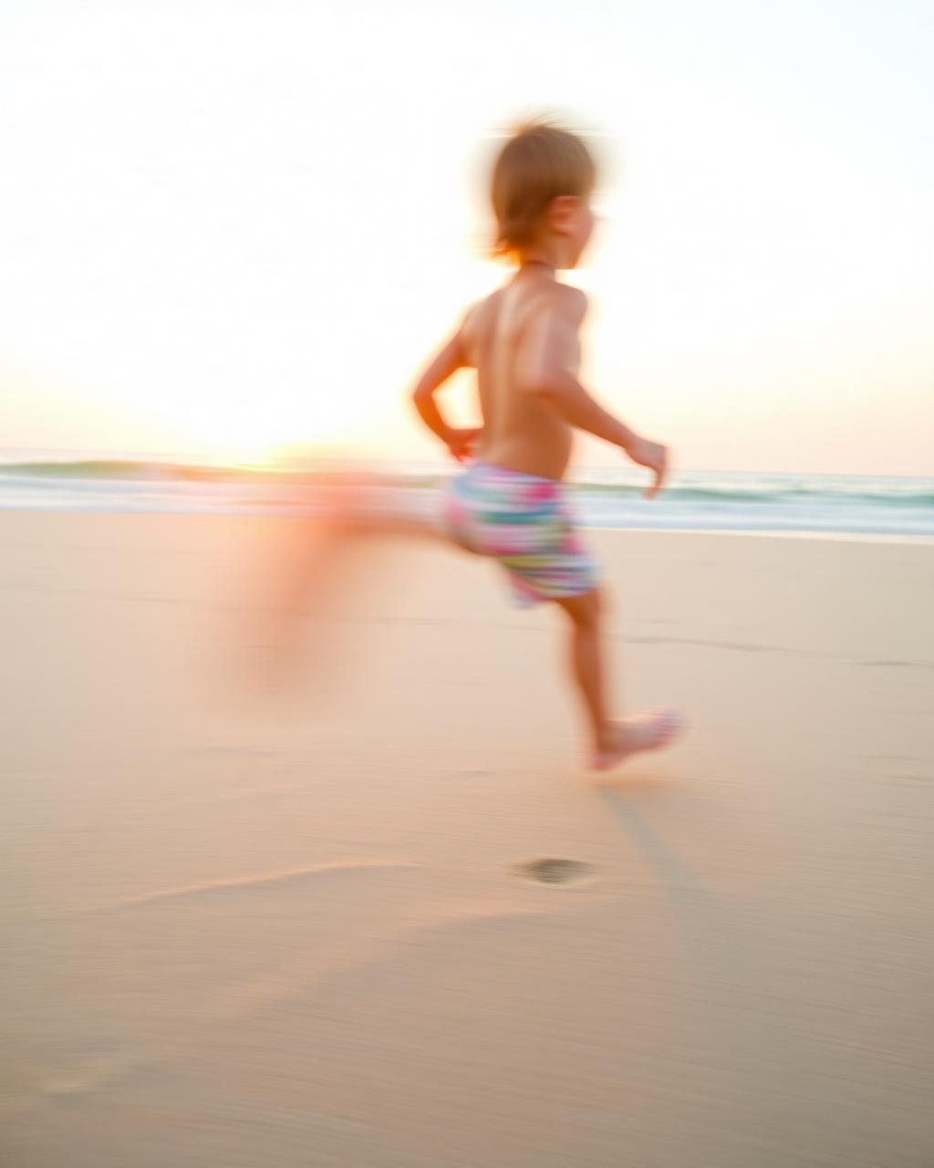 Kid running on sandy beach at sunset